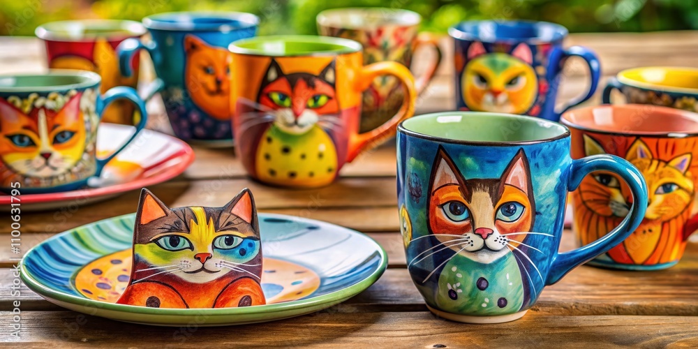 Naklejka premium Colorful Cat Painted Mugs and Plate for Realistic Card Design Illustration with High Depth of Field and Lively Colors