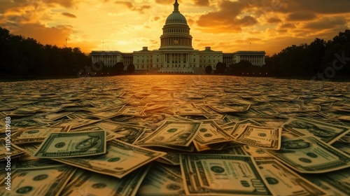 A pile of money is on the ground in front of the U.S