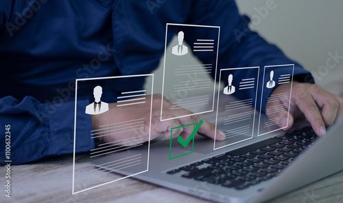 Human resources manager reviews CVs to select personnel, Employment Headhunting, candidate, process of selecting people to work in the organization. HR human resources  technology concept.
