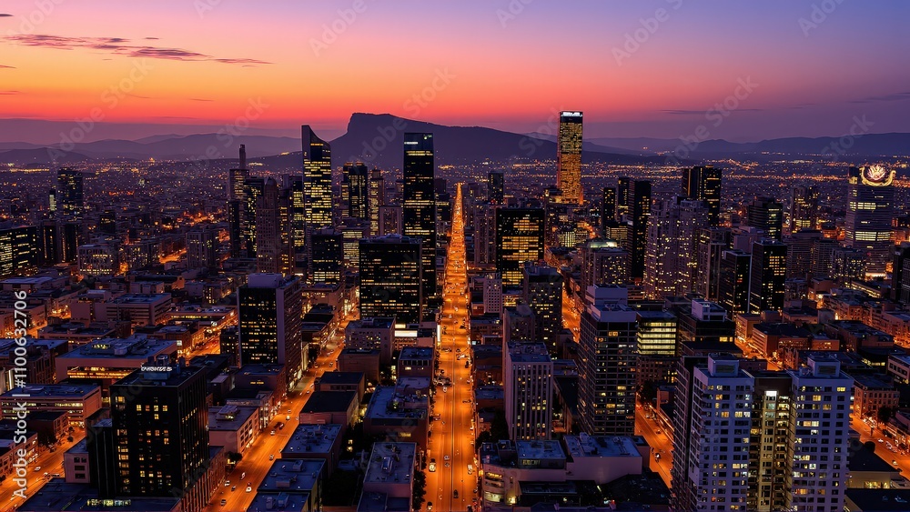 Fototapeta premium Generative AI, Cityscape at Sunset with Iconic Sandstone Monolith