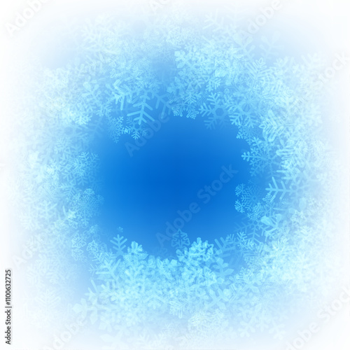 Vector illustration of a circular snowflake wreath design on a soft blue gradient background with a glowing center.