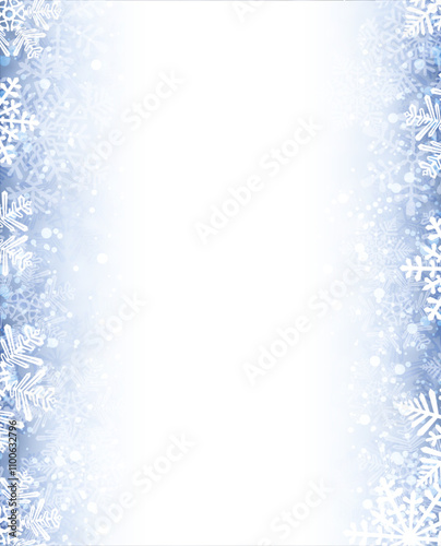 Vertical design with intricate white and blue snowflakes framing the edges on a frosty background. Perfect for holiday invitations, cards, or winter-themed projects.