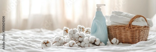 Cozy basket of fresh towels and detergent with cotton displayed on a bed for house cleaning concept photo