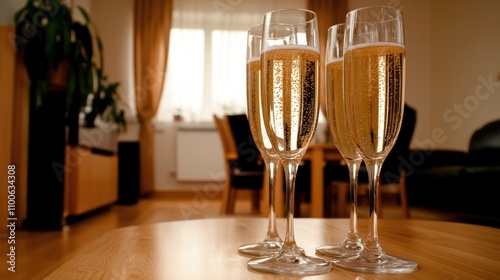 Three crystal glasses filled with white wine are tastefully arranged on a table, complementing a sleek modern interior design