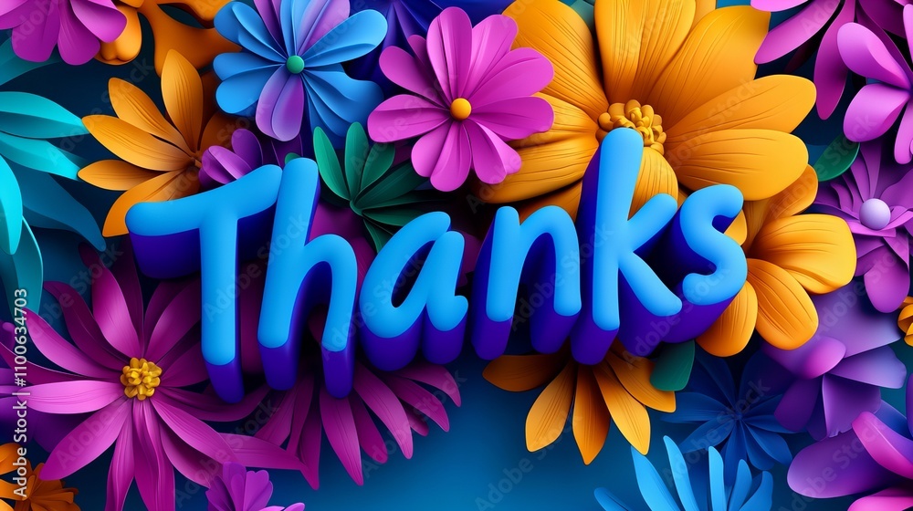 Fototapeta premium Colorful 3D text 'Thanks' surrounded by vibrant flowers in shades of blue, purple, orange, and pink.