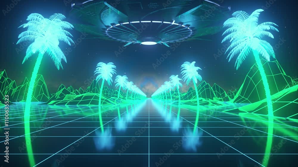 Camera moves along the synthwave wireframe net. Palm trees around the road. Alien flying saucer UFO is spinning in the background