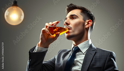 Alcoholism concept. Businessman drinking alcohol afterhours isolated with white highlights, png photo