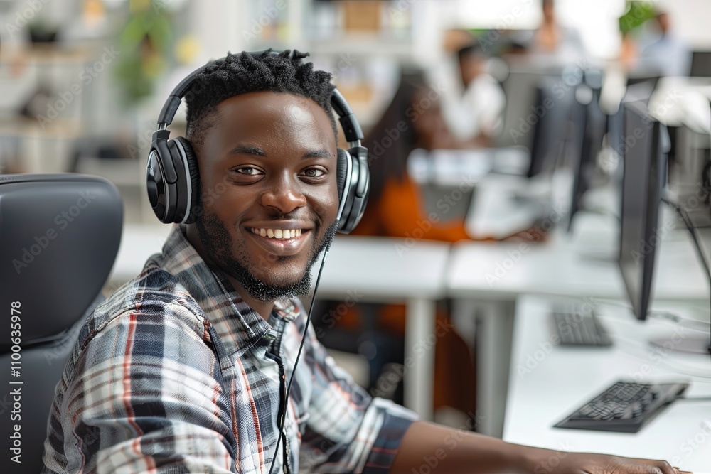 smiling young man wearing headphones works in a modern office, likely engaged in customer support or a tech-related task, with blurred colleagues and computer