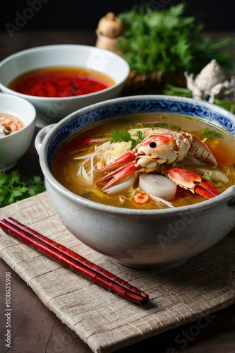 Spidercrab soup with bamboo is a Vietnamese food. It is combined spider crab, sour bamboo shoots, vegetables and herbs photo