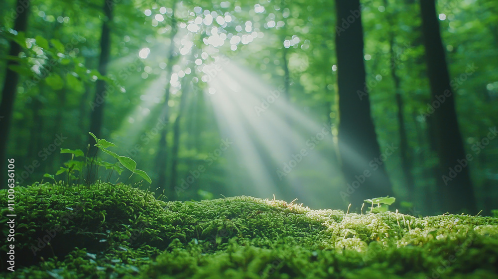 Fototapeta premium A serene forest scene featuring rays of sunlight filtering through a dense canopy, creating a peaceful atmosphere while illuminating the moss-covered ground, highlighting nature’s beauty.