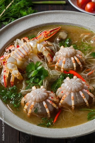 Spidercrab soup with bamboo is a Vietnamese food. It is combined spider crab, sour bamboo shoots, vegetables and herbs photo