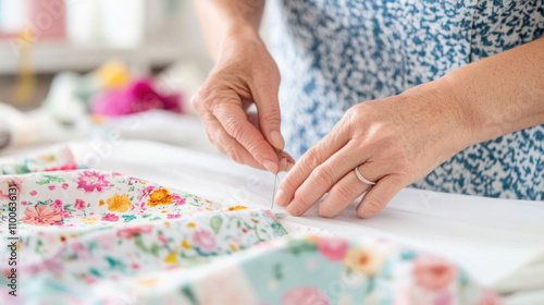 Close up of hands pinning colorful fabric pieces together for sewing projects