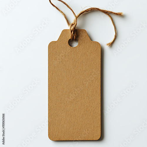 A brown tag with a hole in the middle sits on a white background photo