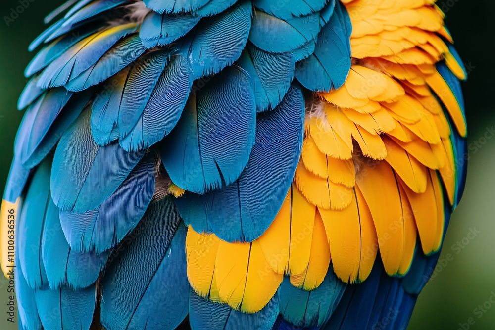 Fototapeta premium Vivid Blue and Gold Macaw Feathers Close up Exotic Bird Texture Nature Photography