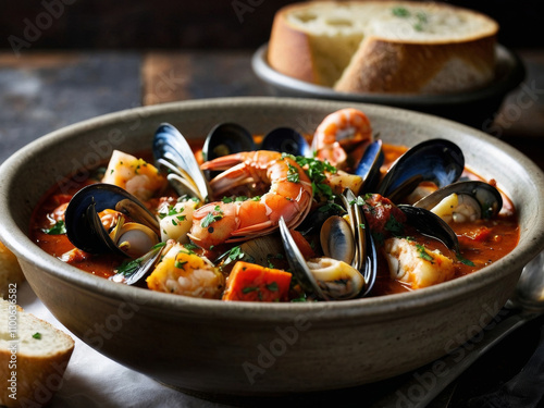 A Seafood Cacciucco (Tuscan Fisherman's Stew). Serve the cacciucco immediately in bowls with crusty bread on the side photo