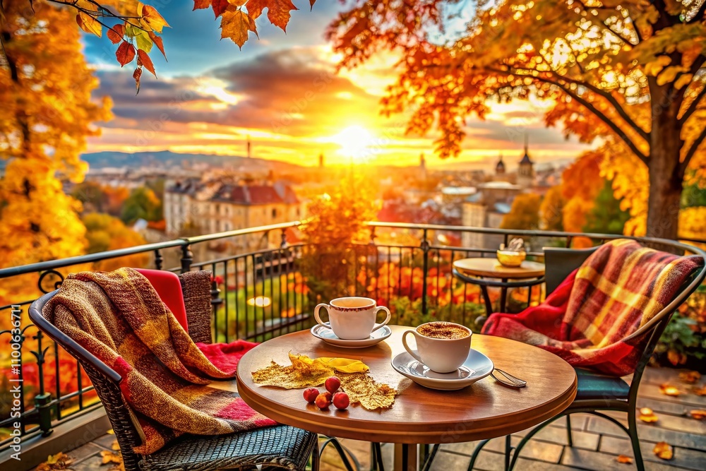 Obraz premium Cozy Autumn Cafe with Outdoor Terrace Overlooking Fall Cityscape, Perfect for Coffee Breaks and Relaxation Amidst Colorful Foliage and Warm Atmosphere