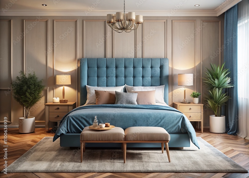 Fototapeta premium Cozy Bedroom with Wooden Headboard in Blue and Beige Tones - Velvet Bedding, Pillows, and Carpet in Modern Minimalist Interior Design