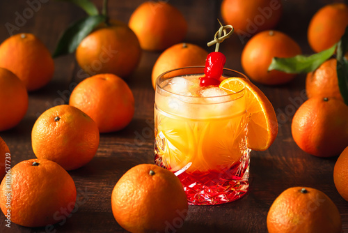 Tequila Sunrise in a crystal glass, clementines on a wood surface - still life