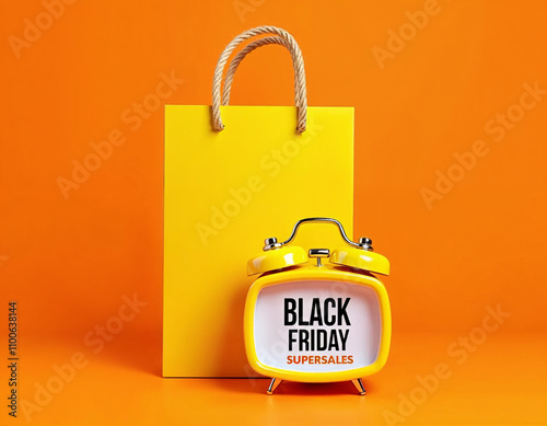 Yellow shopping bag and alarm clock announce Black Friday supersales photo