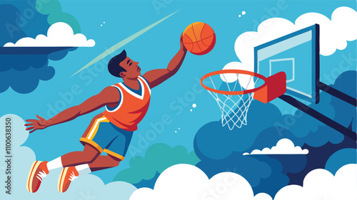 Dynamic basketball player soaring through the air to make a slam dunk against a vibrant sky backdrop filled with clouds