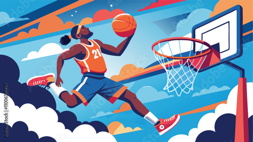 Dynamic basketball player soaring through the air to make a slam dunk against a vibrant sky backdrop filled with clouds