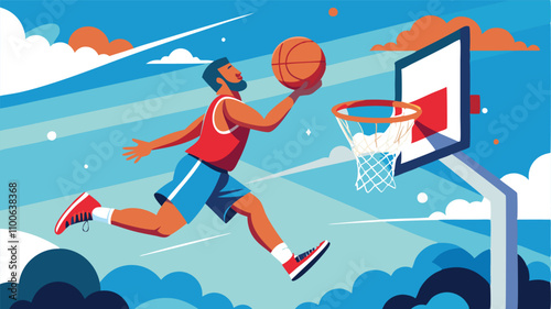 Dynamic basketball player soaring through the air to make a slam dunk against a vibrant sky backdrop filled with clouds