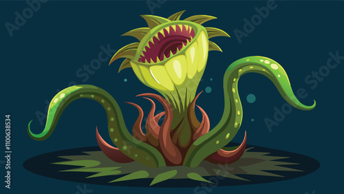 Vibrant vector illustration of a carnivorous plant in a dark environment, showcasing its unique design and striking colors with detailed tentacles and an open mouth