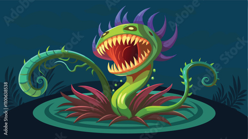 Vibrant vector illustration of a carnivorous plant in a dark environment, showcasing its unique design and striking colors with detailed tentacles and an open mouth
