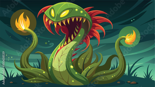 Vibrant vector illustration of a carnivorous plant in a dark environment, showcasing its unique design and striking colors with detailed tentacles and an open mouth