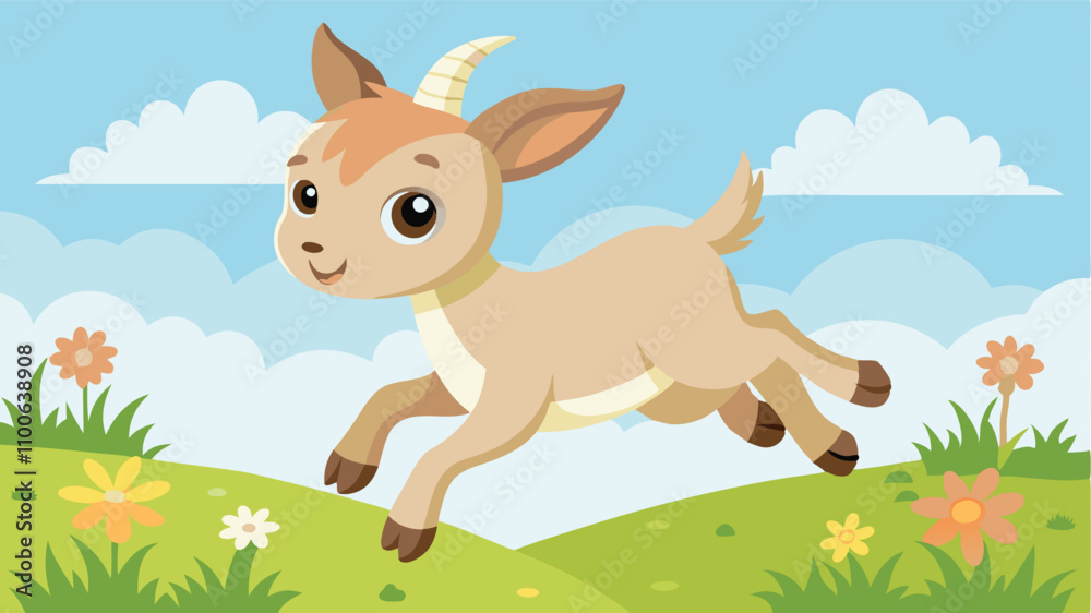 Obraz premium Playful young goat jumps happily across a vibrant meadow filled with colorful flowers under a bright sky