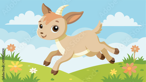 Playful young goat jumps happily across a vibrant meadow filled with colorful flowers under a bright sky