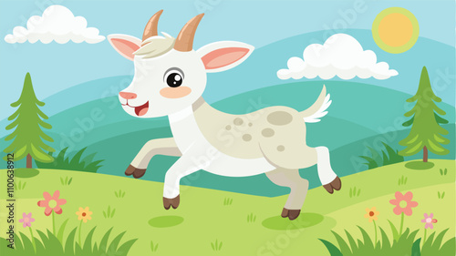 Playful young goat jumps happily across a vibrant meadow filled with colorful flowers under a bright sky
