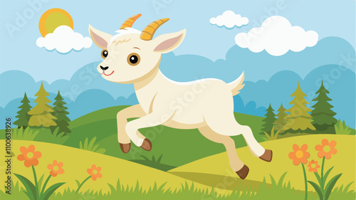 Playful young goat jumps happily across a vibrant meadow filled with colorful flowers under a bright sky