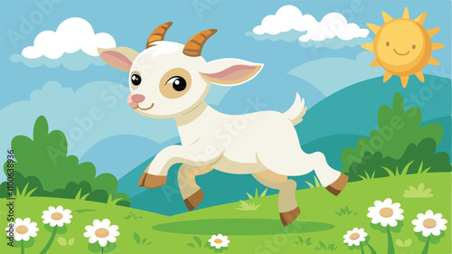 Playful young goat jumps happily across a vibrant meadow filled with colorful flowers under a bright sky
