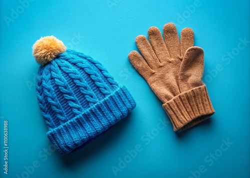 Cozy Woolen Gloves and Hat on Vibrant Blue Background, Flat Lay Photography for Winter Fashion and Accessories Inspiration photo