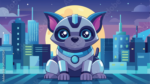 Cute cartoon robot dog in a futuristic city at sunset, showcasing vibrant colors and playful design elements