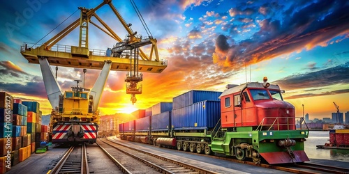 Crane Lifting Diesel-Electric Locomotive from Boat to Truck at Port – Conceptual Photography Capturing Heavy Machinery in Action and Maritime Operations photo