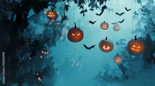 Glowing pumpkins hanging amid misty blue ambiance, adorned with bats and autumn leaves, creating a whimsical halloween atmosphere filled with festive charm. Whimsical. Illustration photo