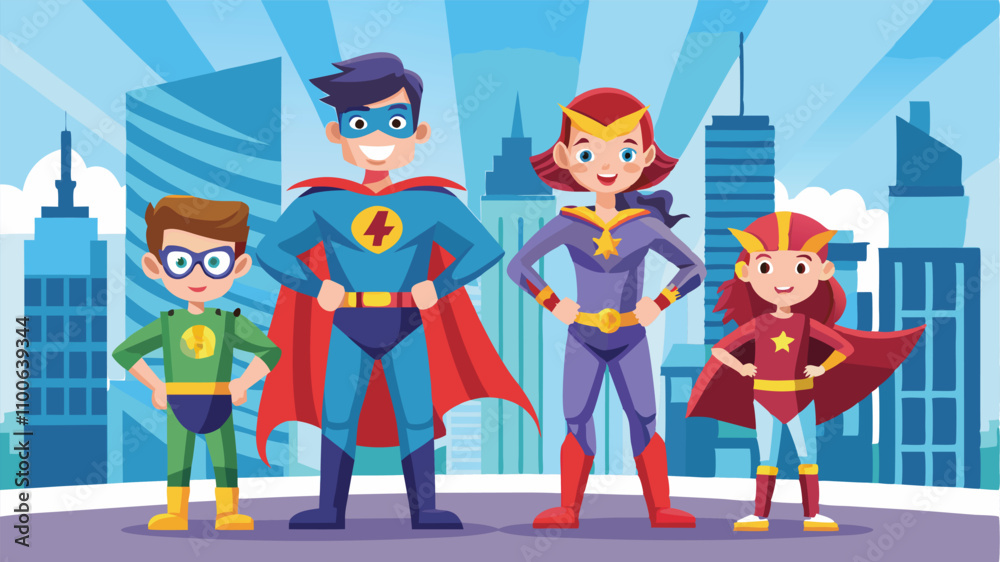 Naklejka premium Superheroes in colorful costumes stand confidently in a vibrant city skyline showcasing teamwork and adventure