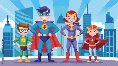 Superheroes in colorful costumes stand confidently in a vibrant city skyline showcasing teamwork and adventure