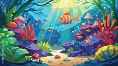 Colorful underwater scene featuring various fish, coral, and sea plants in a vibrant, sunlit ocean setting