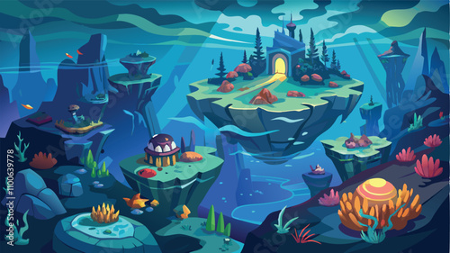 Underwater fantasy landscape featuring floating islands and vibrant coral reefs with mystical structures at dusk