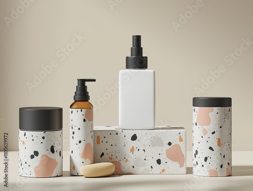 Blank cosmetic skincare product packaging mockups. Terrazzo design. Beauty soap, spa concept. Lotion oil moisture. Premium, luxury branding. Empty bottles, containers displayed on terrazzo platform. photo