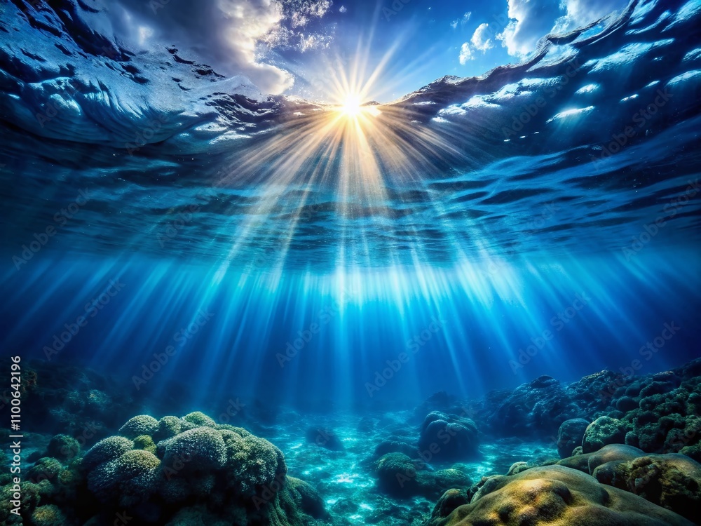 Naklejka premium Dark Blue Underwater Scene with Sunrays Illuminating the Empty Sea Floor, Perfect for Backgrounds and Marine-Themed Projects - Capture Tranquility of the Ocean Depths