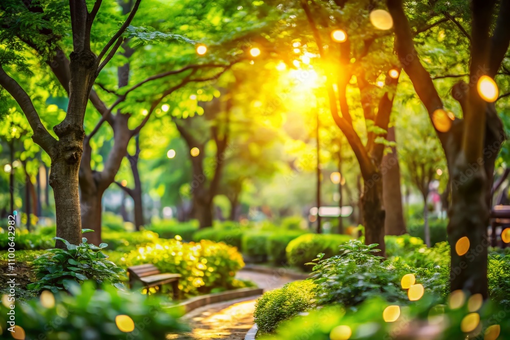 Obraz premium Defocused Bokeh Background of Lush Garden Trees on a Bright Sunny Day, Capturing Nature's Vibrant Colors and Tranquility in Urban Exploration Photography