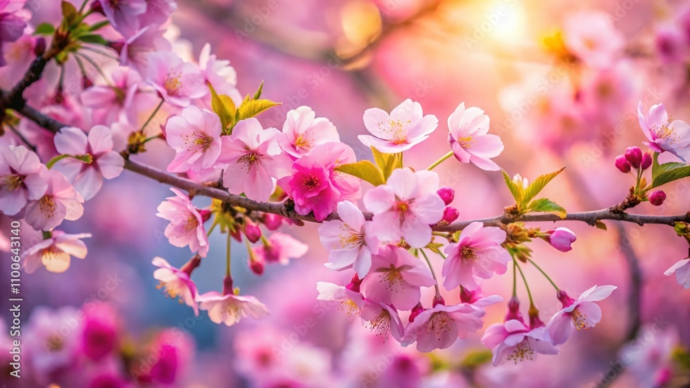 Fototapeta premium Delicate PNG Sakura Branch Blossom Flowers in Full Bloom Against a Soft Background, Capturing the Beauty of Springtime Nature with High Depth of Field Focus