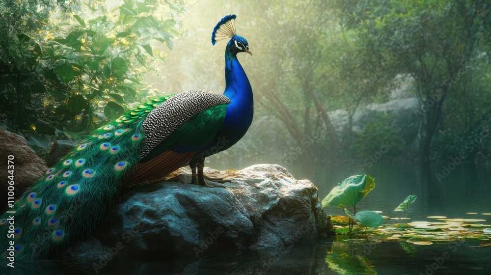 Obraz premium Majestic Peacock Displaying Feathers Near Tranquil Water Scene