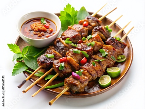 Delicious Maranggi Satay from West Java: Mouthwatering Beef or Lamb Skewers Marinated in Sweet Soy Sauce and Spices, Perfectly Isolated on a Clean White Background for Culinary Visuals photo