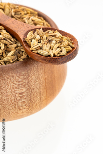 Foeniculum vulgare - Fennel seeds in bowl and spoon. photo