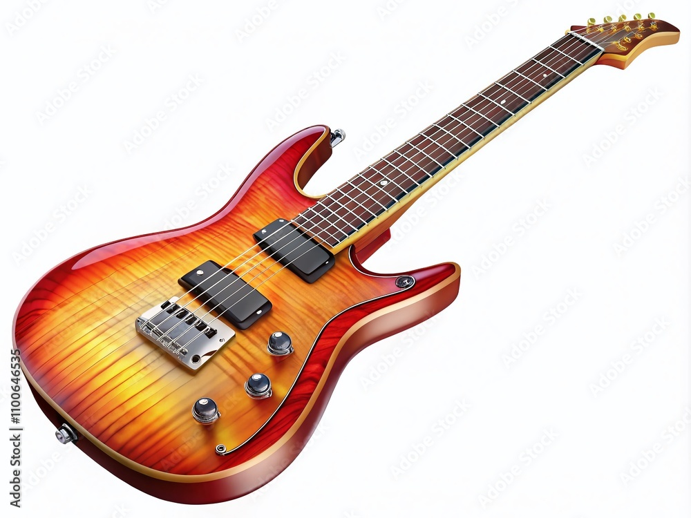 Fototapeta premium Detailed Shot of a Double Cut Electric Guitar Featuring 6 Strings, Tremolo Bridge, 3 Single Coil Pickups, and Unique Controls, Isolated with No Background for Music Enthusiasts